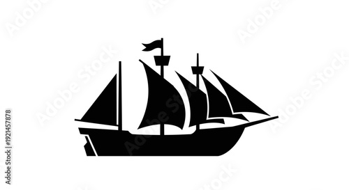 Classic sailing ship silhouette vector icon on a clean white background, historical maritime travel and exploration symbol