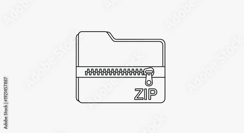 Line art icon of a ZIP file folder with a zipper, representing data compression and archiving. Minimalist digital graphic.