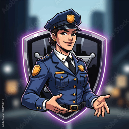 Female police officer in uniform with shield emblem in neon city scene