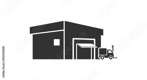 Warehouse and Forklift Icon for Logistics, Storage, and Distribution. Shipping and Delivery Service Graphic Symbol.
