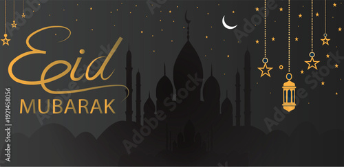 Black and Gold Eid Mubarak Background with Arabic Calligraphy Design.