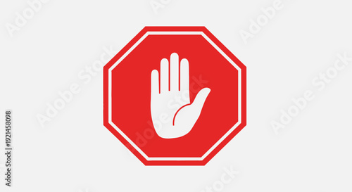 Red octagonal stop sign icon with white open hand symbol. Vector illustration for warning, prohibition, danger, and restriction concept.