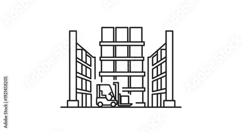 Warehouse Logistics Line Icon with Forklift Moving Pallet, Illustrating Storage, Supply Chain, and Distribution Operations