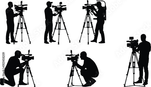 Cameraman silhouettes collection, professional videographer operating camera on tripod, black vector illustration isolated on white background