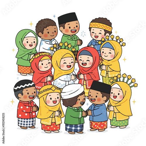 Group of Children in Traditional Clothing Celebrating Together