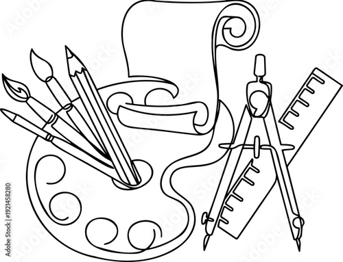 Black and white continuous line art vector illustration of an art and design education concept featuring a painting palette, paintbrushes, pencil, scroll, compass, and ruler