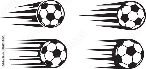Four soccer balls with motion trails suggesting speed and movement on transparent background