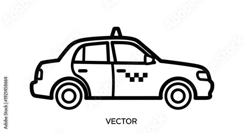 Black and white outline vector icon of a taxi cab car, side view. Simple graphic illustration of an urban transportation service vehicle.