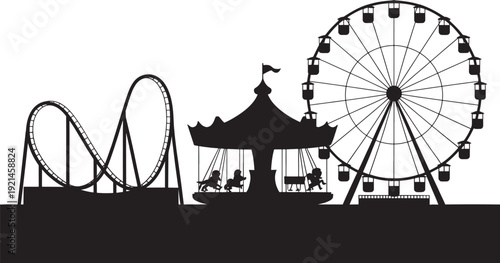 Amusement park rides including roller coaster ferris wheel and carousel silhouette illustration transparent background