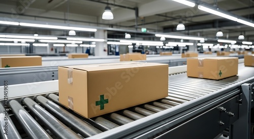 Brown cardboard boxes with green crosses on conveyor belt in warehouse industrial