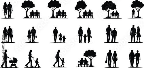 Black silhouettes of diverse families and couples walking sitting on park benches and pushing strollers for outdoor leisure and parenting concept isolated on white