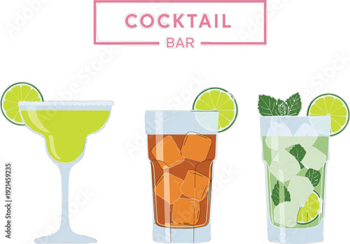 Professional vector illustration set of classic bar drinks featuring a Margarita, Iced Tea, and Mojito with a "COCKTAIL BAR" logo