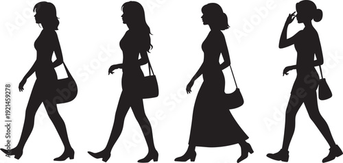 Silhouettes of women walking with handbags on transparent background vector illustration