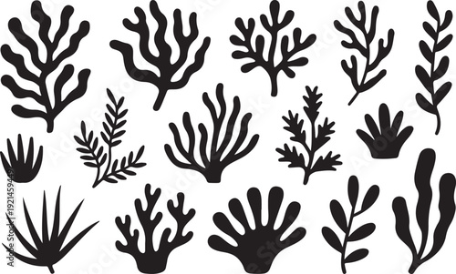 Collection of black silhouettes of seaweeds and coral on transparent background vector art