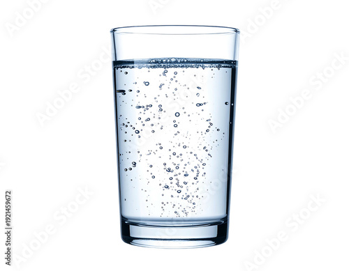Glass of clear water with bubbles refreshing and hydrating drink.