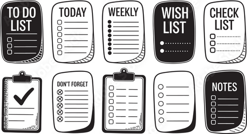 Set of assorted vector note papers with to do list and checklist templates on transparent background