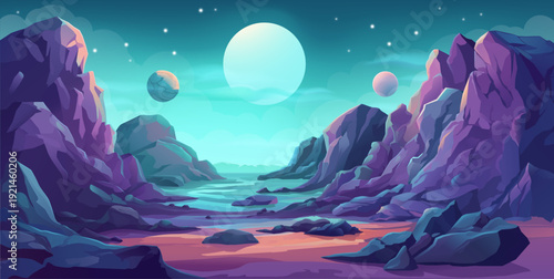 An alien planet outer space landscape cartoon science fiction futuristic fantasy video game background. 