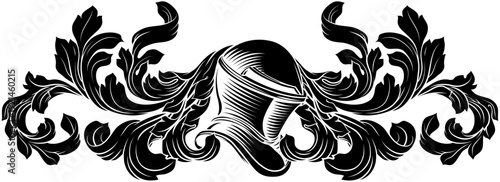 Coat of arms crest knight family medieval shield heraldry heraldic armorial motif. Featuring a knights helm helmet in a vintage etching engraving woodcut style 
