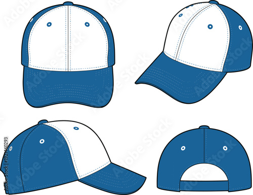 Cad drawing flat vector illustration, baseball cap design, front side back view, adjustable strap, fashion headwear, technical sketch