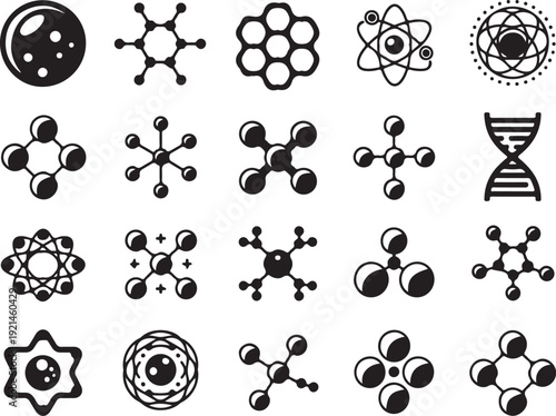 Collection of molecule models, atoms, DNA helix, scientific symbols on transparent.