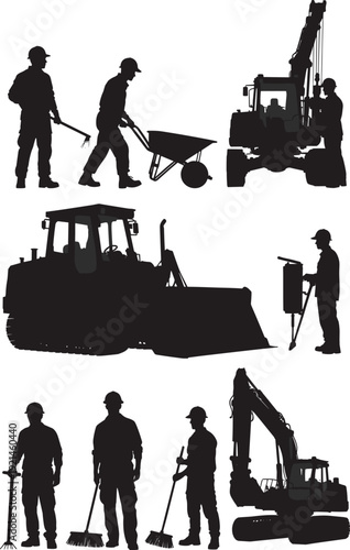 Construction worker and heavy machinery silhouettes set, excavator bulldozer and laborers at building site, black vector illustration isolated on white background