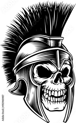 A human skull angry grim reaper skeleton head wearing ancient Greek spartan or trojan or Roman gladiator helmet in a vintage woodcut style.