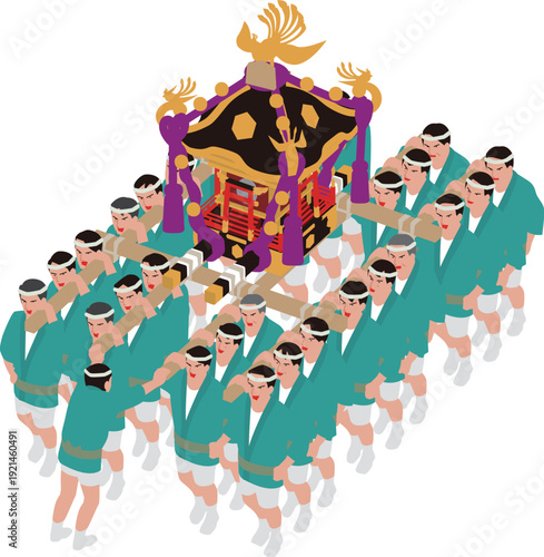 日本の伝統行事祭り。神輿を担ぐ男性たちのイラスト