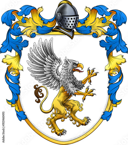 A Griffin or Gryphon coat of arms or crest family heraldry medieval heraldic animal knight shield. With helmet and acanthus filigree scroll ornament in a vintage woodcut style.