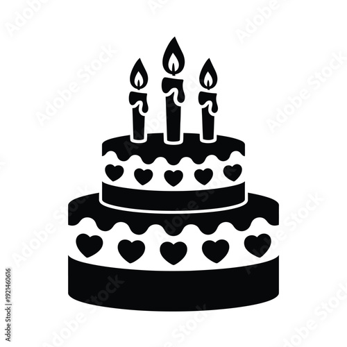 A simple black silhouette of a tiered birthday cake with three candles
