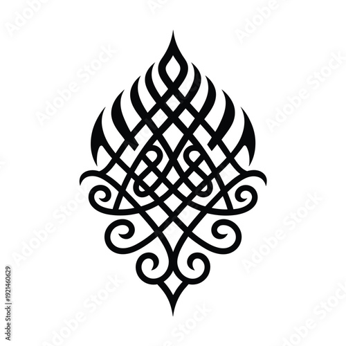 Intricate black tribal pattern resembling a stylized leaf or wing