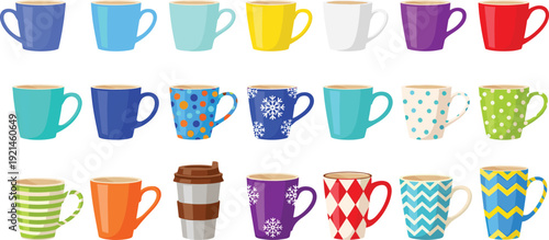 Set of Colorful Coffee Mugs and Tea Cups with Various Patterns Including Polka Dots Stripes Snowflakes and Diamonds for Cafe Branding Kitchenware and Cozy Lifestyle Designs