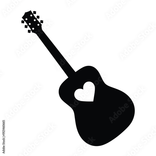 Black silhouette of an acoustic guitar with a heart shaped soundhole