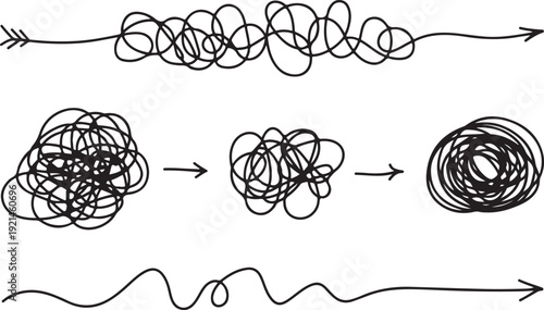 Hand drawn arrows showing progress from chaos to order concept of problem solving