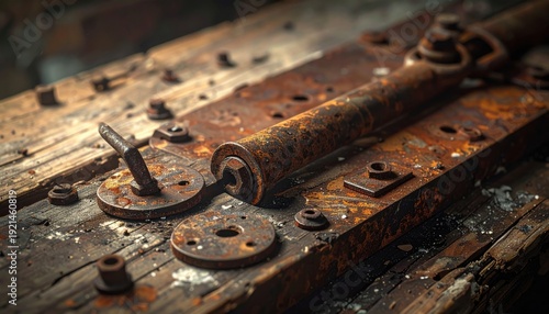 Rusty iron hinges seized and broken on a weathered wooden plank, detailed photographic capture in a dim dusty workshop