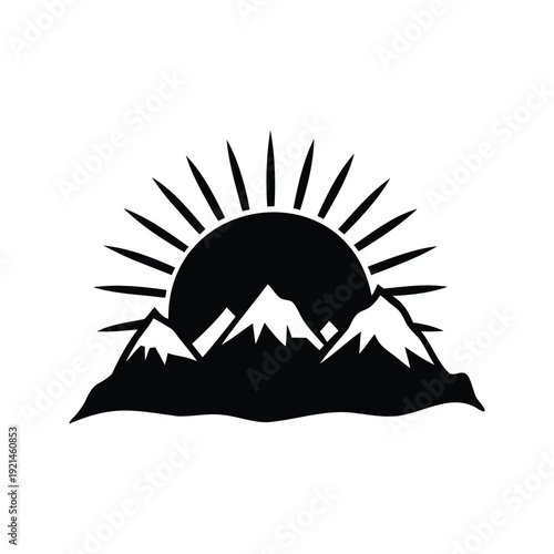 sun rising behind mountains silhouette vector illustration, Sun rising behind mountain silhouette vector illustration with rays and landscape