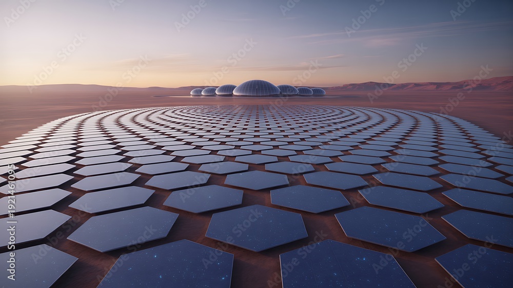 Fototapeta premium Hexagonal Solar Panel Array on Mars with Futuristic Dome Structures in Distance planet