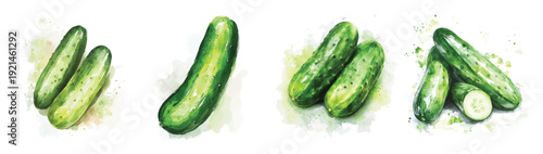 Mine Watercolor, hand-painted fresh cucumber painting illustration, vector illustration,  painting design, and EPS format design. vector illustration, isolated on a white background