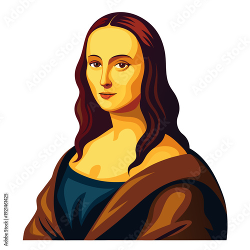 Vibrant Mona Lisa portrait with enigmatic smile in modern illustration style