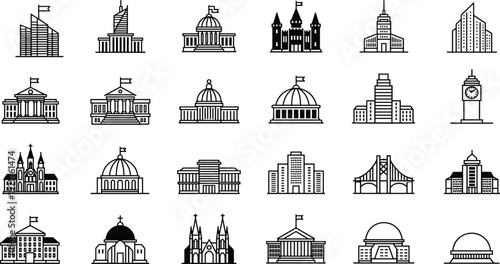 CAD drawing flat vector illustration, building architecture icon grid set, civic infrastructure graphic, urban planning design template, construction outline symbol collection