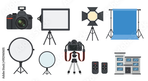 Photography equipment set including cameras lights and backdrops