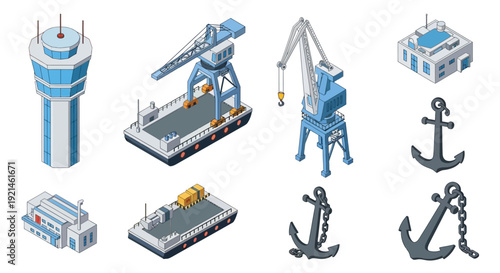 Isometric illustration of a port with control tower and various elements