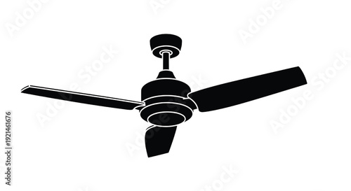 Ceiling fan with three black blades and modern design, ceiling-mounted with sleek lines featuring indoor, home decor, household appliance with ventilation and cooling elements for minimalist, simple