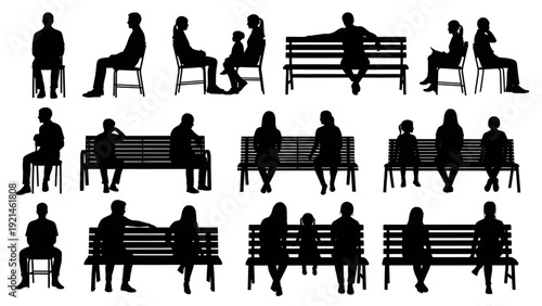 Seated Human Figures on Chairs and Benches Side View Black Silhouettes Vector Collection