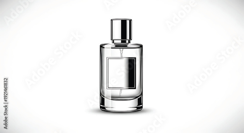 Perfume bottle with blank label, transparent glass, and metallic cap, isolated on white background featuring fragrance, cosmetics, luxury with elegance and sophistication elements for beauty, product