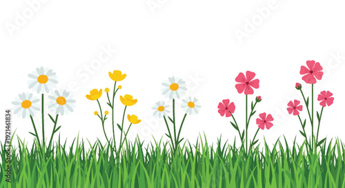 A colorful arrangement of wildflowers growing in lush green grass