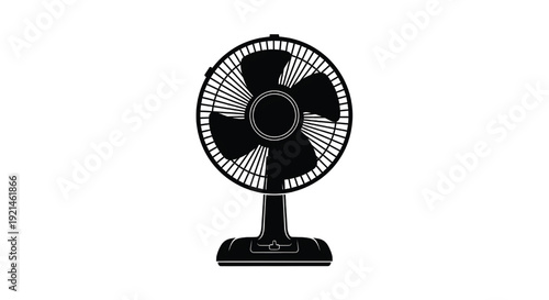 Fan electric desktop with three blades and grid cover, black silhouette, isolated on white featuring ventilation, cooling, airflow with appliance and household elements for office, equipment
