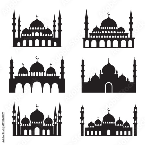 Islamic Mosque Silhouette Vector Set: Six Elegant Masjid Architectural Designs for Ramadan and Eid