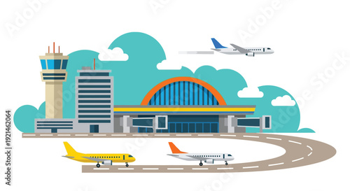 Cartoon illustration of a modern airport with planes and control tower