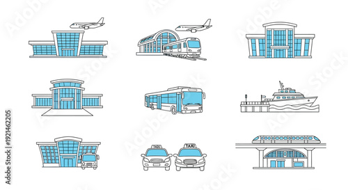 Collection of transportation hubs and vehicles in a linear style