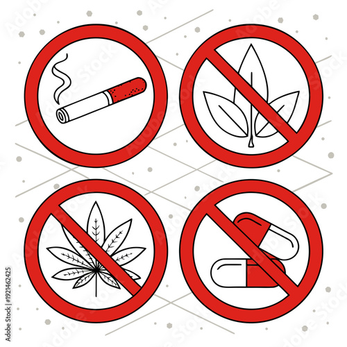 No smoking or drugs allowed sign with cigarette, marijuana leaf, pill, and cannabis Vector